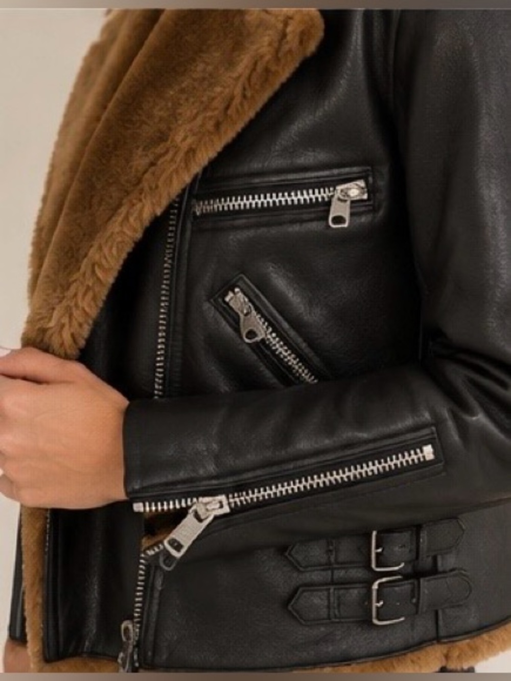 AllSaints 100% genuine lamb leather Sola Black & Natural Shearling Leather - Picture 5 of 5